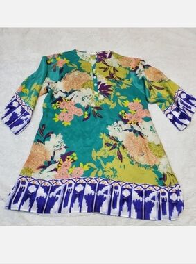 Cabi Green Blue Bohemian Boho Floral Artsy Retro 1/2 Sleeve Silk Tunic Top Small